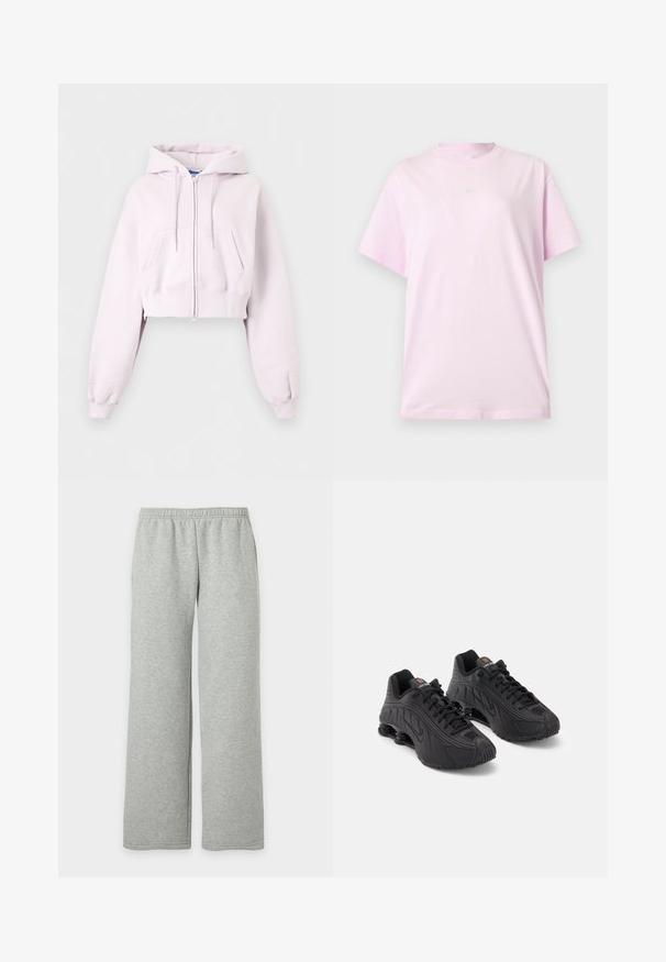 Hellrosa cropped Zip-Up Hoodie mit Fronttaschen, Kordelzugkapuze und gerippten Bündchen auf einfachem Hintergrund dargestellt.; Hellrosa kurzärmeliges Nike T-Shirt mit Rundhalsausschnitt und kleinem weißen Nike-Logo mittig auf der Brust, dargestellt auf einfarbigem Hintergrund.; Hellgraue Jogginghose mit elastischem Bund und weiten, geraden Beinen, dargestellt vor schlichtem weißem Hintergrund.; Schwarze Sportschuhe mit einem glatten synthetischen Obermaterial, strukturierten Akzenten, Schnürdesign und sichtbarer Federung im Fersenbereich.