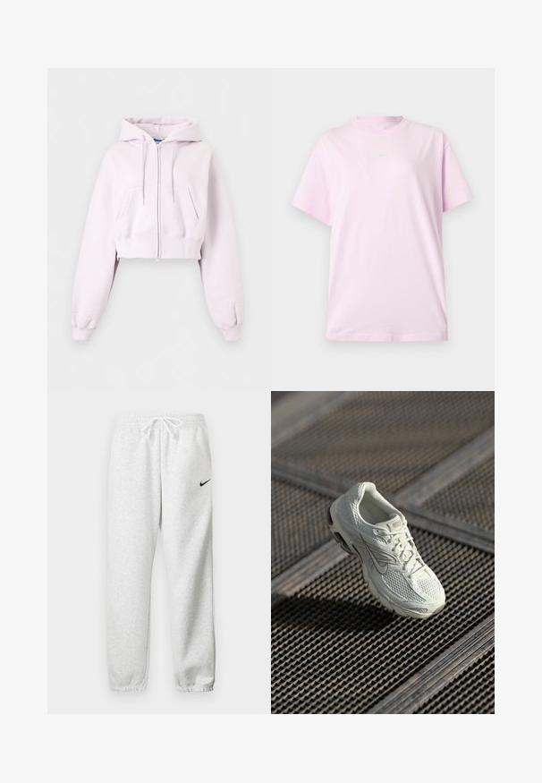 Lichtroze cropped zip-up hoodie met voorzakken, capuchon met trekkoord en geribbelde manchetten, afgebeeld op een effen achtergrond.; Lichtroze Nike T-shirt met korte mouwen en een ronde hals, met een klein wit Nike-logo in het midden van de borst, weergegeven op een effen achtergrond.; Grijze joggingsbroek van een zachte stof, met een elastische tailleband met trekkoord en een klein zwart Nike-logo op de linker bovenbeen.; Witte Nike hardloopschoen met bovenwerk van mesh en synthetisch materiaal, rustend op een metalen roostervloer in zacht natuurlijk licht.