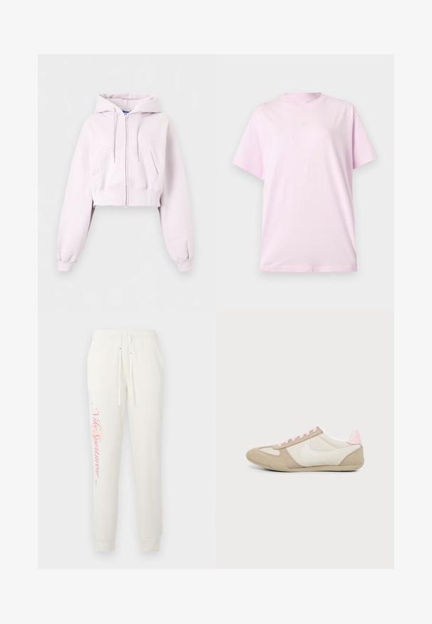 Lyserød cropped hoodie med lynlås, forlommer, snøretrækshætte og ribkant ved ærmerne vist på en ensfarvet baggrund.; Lyserød kortærmet Nike T-shirt med rund hals og et lille hvidt Nike-logo centreret på brystet, vist på en ensfarvet baggrund.; Hvide sweatpants med en tætsiddende design, prydet med et pink "Nike Sportswear" logo på det venstre ben og elastisk talje med snore.; Beige og hvid sneaker med lyserøde snørebånd og hældetalje, med hvid Nike swoosh-logo på siden, vist indefra.
