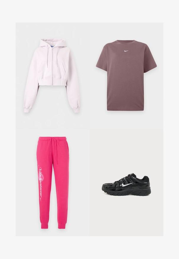 Lyserød cropped hoodie med lynlås, forlommer, snøretrækshætte og ribkant ved ærmerne vist på en ensfarvet baggrund.; En ensfarvet mauve kortærmet crewneck t-shirt med en lille hvid Nike swoosh centreret på brystet, præsenteret på hvid baggrund.; Lyserøde sweatpants lavet af blødt stof, med snor i taljen, tapered cuffs og hvid grafisk tekst på venstre ben.; Sort Nike P-6000 sneaker med sølv swoosh, mesh og glinsende overlays samt tekstureret sort sål, vist fra ydersiden på ensfarvet baggrund.