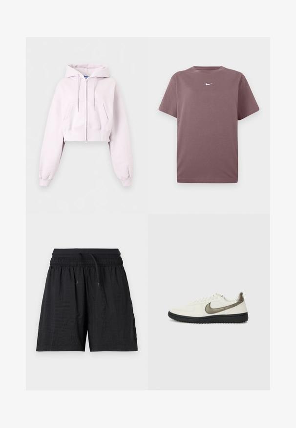 Sweat à capuche court rose clair avec fermeture éclair, poches avant, cordon de serrage à la capuche et poignets côtelés, présenté sur un fond uni.; T-shirt à col rond mauve uni à manches courtes avec un petit logo Nike blanc centré sur la poitrine, présenté sur un fond blanc.; Short de sport noir texturé avec taille élastique, cordon ajustable et poches latérales, présenté sur un fond blanc.; Nike Sportswear FIELD GENERAL - Baskets basses - off-white/black