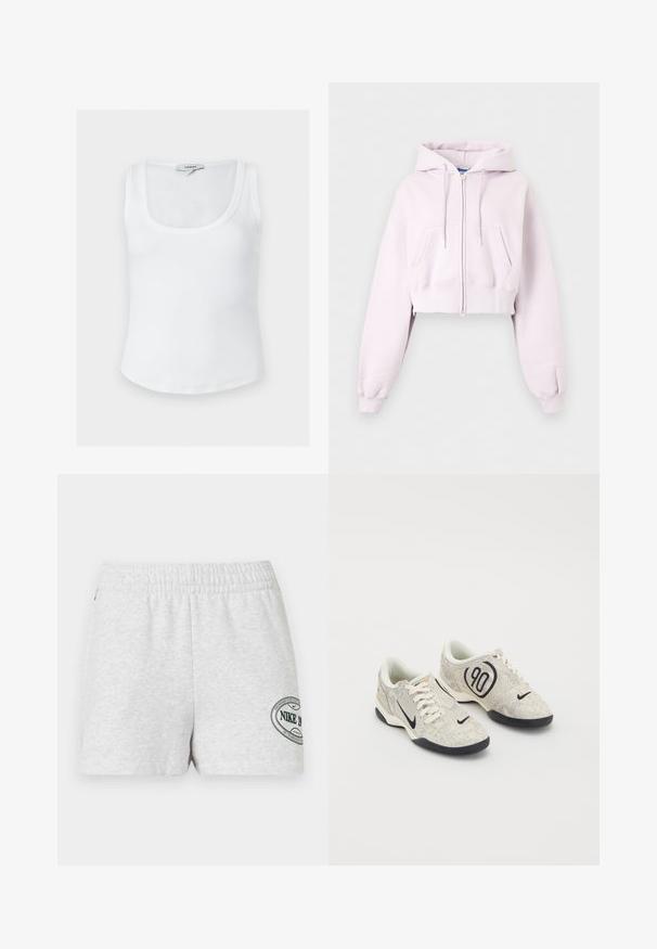 Sweat à capuche court rose clair avec fermeture éclair, poches avant, cordon de serrage à la capuche et poignets côtelés, présenté sur un fond uni.; Débardeur blanc côtelé sans manches avec encolure dégagée et étiquette Topshop à l'arrière du col intérieur, présenté sur un fond uni.; Short de sport gris clair avec taille élastique et petit logo circulaire Nike sur la partie inférieure de la jambe droite.; Baskets Nike avec une tige texturée beige et grise, des accents noirs, un grand logo "90" et un laçage blanc. Semelle noire.