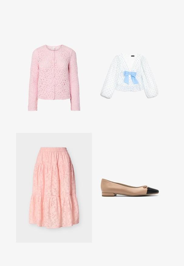 Cárdigan de encaje rosa claro de manga larga con patrón floral, escote redondo y botones forrados de tela en la parte delantera.; Blusa blanca de manga larga con lunares azul claro, escote en V profundo, mangas abullonadas y un gran lazo azul claro en el centro delantero.; Falda rosa claro de volantes con cintura elástica y sutil patrón floral texturizado, de longitud media y tela fluida.; Bailarina de cuero beige con puntera negra y pequeño lazo en la parte delantera, con un tacón bajo para mayor comodidad.