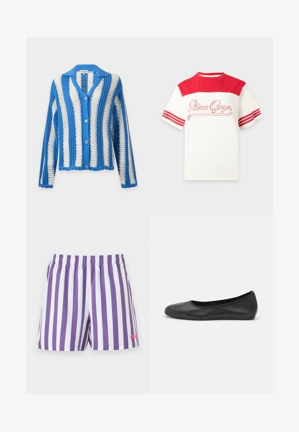 Cardigan en maille rayée bleu et blanc avec manches longues, boutons sur le devant et col, présentant un motif en maille ajourée et une étiquette Stine Goya.; T-shirt blanc et rouge à manches courtes avec des rayures rouges sur les manches et un logo script "Stine Goya" sur la poitrine; Shorts à rayures verticales violet et blanc avec taille élastique et petit logo rouge en bas de la jambe droite.; Ballerines en cuir noir avec un bout rond, texture lisse, détails de couture minimalistes et design de semelle flexible.