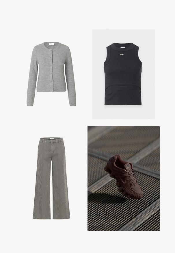 Grå strikket cardigan med rund halsudskæring, ærmer i fuld længde og knaplukning foran. Blød tekstur med diskrete syningsdetaljer.; Sort ærmeløs cropped sportstop med ribbet tekstur og hvid Nike swoosh-logo på brystet.; Sort-hvide stribede vide bukser med høj talje, der har bæltestropper og en glat overflade. Velegnet til både afslappet og formelt brug.; Brun Nike sneaker med tekstureret mesh-overdel, karakteristisk buet sål og polstret krave, vist mod en mønstret baggrund.