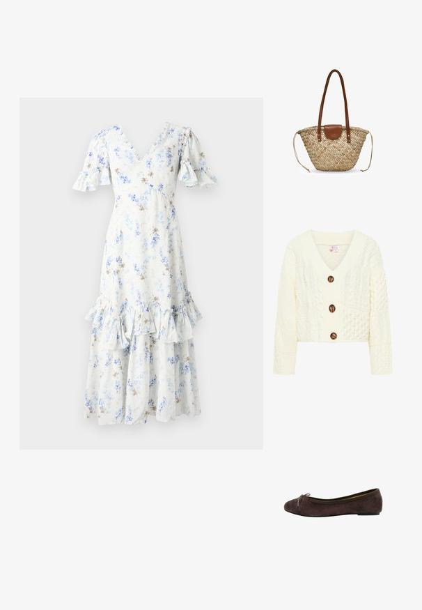 Cárdigan de punto en crema con cuello en V, tres grandes botones marrones y un patrón texturizado con varios diseños de trenzado.; Vestido midi floral en azul claro y blanco con mangas abullonadas, escote en V y dobladillo con volantes, que presenta acentos y patrones en marrón oscuro dispersos.; Bailarina de ante marrón con puntera redondeada, detalle de lazo de satén y ribete elástico. Suela de goma delgada con altura mínima. Textura suave.; Bolso de paja trenzada con asas de cuero marrón y cierre de solapa, que presenta cuerdas laterales para un ancho adjustable.