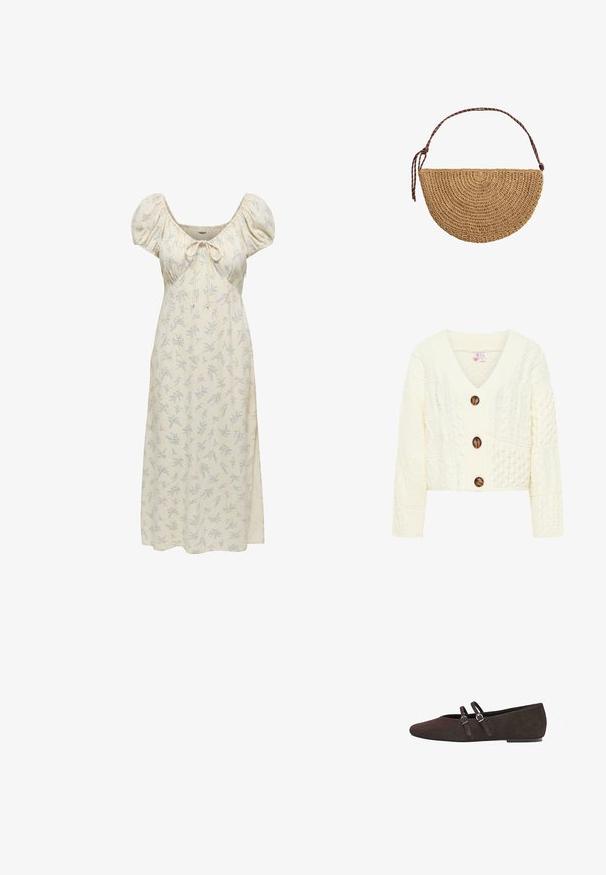 Gilet en tricot crème avec un col en V, trois grands boutons marron, et un motif texturé comprenant divers designs en torsades.; Robe midi crème avec manches bouffantes, petit motif floral violet, buste froncé et détail avec nœud à l'avant.; Chaussure plate en daim marron avec un bout pointu. Présente deux fines sangles avec des boucles en argent pour une touche de design. Talon bas et stable.; Sac à main en paille tressée en forme de demi-lune avec une bandoulière marron réglable nouée à une extrémité sur fond blanc.