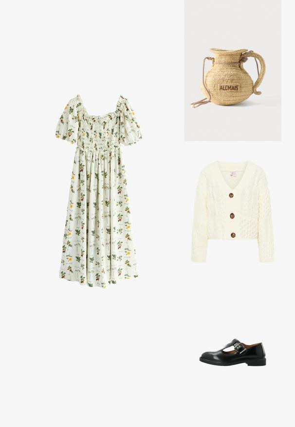 Crème gebreide cardigan met een V-hals, drie grote bruine knopen en een textuurpatroon met verschillende kabelbreipatronen.; Witte maxi-jurk met pofmouwen, een gerimpeld lijfje en meerkleurige bloemen- en fruitpatronen met cursieve tekst.; Zwarte leren Mary Jane-schoen met een T-strap, zilveren sluiting, ronde neus en een lage zool. Gladde textuur met een gepolijste afwerking.; Ronde gevlochten strohandtas met een handvat van touw en "ALEMAIS" geborduurd aan de zijkant in bruine draad.