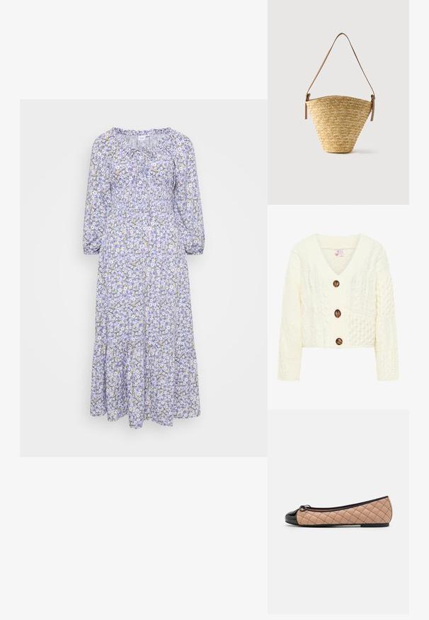 Cremefarvet strikket cardigan med V-udskæring, tre store brune knapper og et struktureret mønster med forskellige kabelstrik design.; Blomstret kjole med lilla bund, prydet med hvide og gule blomster. Lange ærmer, rynket halsudskæring og lagdelt kant. Letvægtsstof.; Pretty Ballerinas Ballerinasko - black/beige; Flettet stråtaske med bred bund, smal top og justerbar brun læder skulderrem.