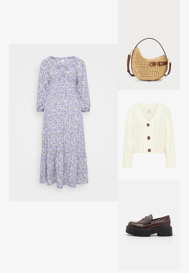 Cremefarvet strikket cardigan med V-udskæring, tre store brune knapper og et struktureret mønster med forskellige kabelstrik design.; Blomstret kjole med lilla bund, prydet med hvide og gule blomster. Lange ærmer, rynket halsudskæring og lagdelt kant. Letvægtsstof.; Madden Girl CALISTA - Loafers - brown; Vævet halmmulesæk med en buet form, brunt læderstrop med spænde og en naturlig tan farve. Tekstureret overflade med synlige sting.