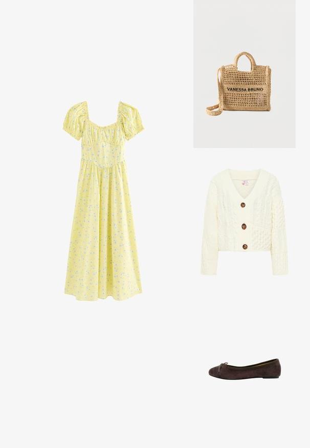 Cárdigan de punto en crema con cuello en V, tres grandes botones marrones y un patrón texturizado con varios diseños de trenzado.; Vestido midi amarillo con mangas cortas abullonadas, escote cuadrado, busto fruncido y pequeño estampado floral azul.; Bailarina de ante marrón con puntera redondeada, detalle de lazo de satén y ribete elástico. Suela de goma delgada con altura mínima. Textura suave.; Bolso tejido beige con dos asas, correa larga, diseño de tejido abierto y "VANESSA BRUNO" bordado en negro en la parte frontal.