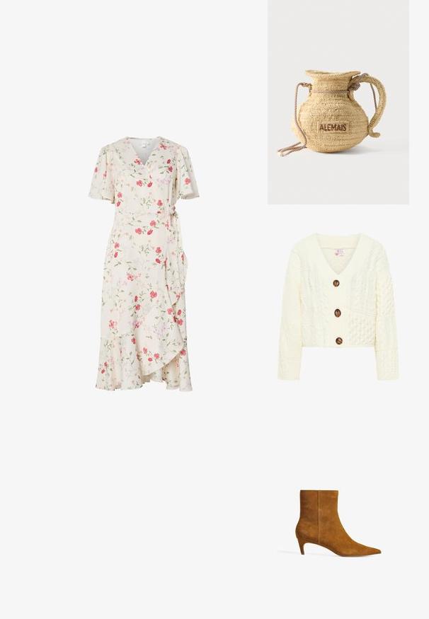 Gilet en tricot crème avec un col en V, trois grands boutons marron, et un motif texturé comprenant divers designs en torsades.; Robe portefeuille crème avec imprimé floral rose et rouge, manches courtes évasées, encolure en V et ourlet à volants.; Botte de cheville en daim marron avec un bout pointu et un petit talon. Le design présente une texture lisse et un empeigne sans couture.; Sac à main rond en paille tissée avec une anse en corde et "ALEMAIS" brodé sur le côté en fil marron.