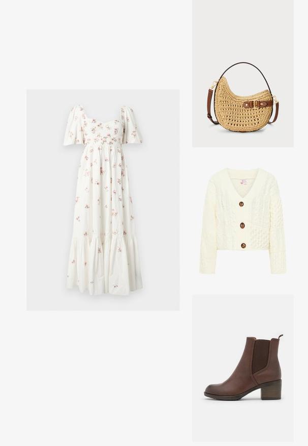 Gilet en tricot crème avec un col en V, trois grands boutons marron, et un motif texturé comprenant divers designs en torsades.; Robe midi blanche avec manches bouffantes, corsage ajusté et petit imprimé floral rose, avec une jupe à volants froncés.; Bottine en cuir marron, avec une finition lisse, des panneaux latéraux élastiques, un bout arrondi et un talon en bois modéré.; Sac hobo en paille tissée avec une forme courbée, une sangle en cuir marron avec une boucle et une couleur beige naturel. Surface texturée avec des coutures visibles.