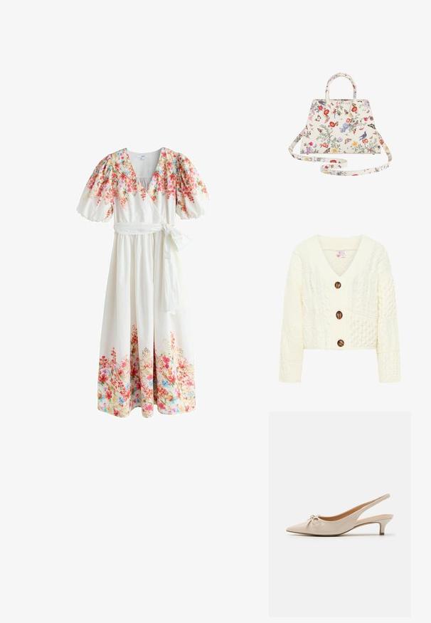 Cárdigan de punto en crema con cuello en V, tres grandes botones marrones y un patrón texturizado con varios diseños de trenzado.; Vestido cruzado blanco con mangas cortas abullonadas, estampado floral en rojo, rosa y azul en los hombros y el dobladillo, y un lazo de tela para atar en la cintura.; Tacones slingback de charol beige con puntera afilada y un lazo decorativo en el empeine. Incluyen un tacón bajo y estilizado con una textura suave.; Bolso de mano con un patrón floral, hecho de material sintético blanco, con dos asas y una correa de hombro desmontable. Forma rectangular compacta.