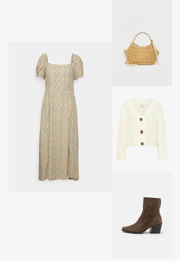 Gilet en tricot crème avec un col en V, trois grands boutons marron, et un motif texturé comprenant divers designs en torsades.; Even&Odd by Zalando Robe de jour - green/pink; Bottes à chevilles en suede marron avec un bout pointu, une fermeture éclair sur le côté et un talon épais. Présente une texture lisse et des détails de couture minimalistes.; Sac à main tissé beige de forme arrondie, doté d'une poignée en cuir crème et d'une bandoulière ajustable avec un détail de boucle en métal doré.
