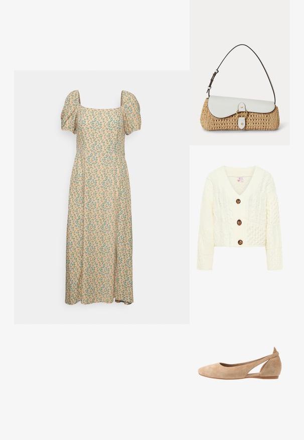 Cremefarvet strikket cardigan med V-udskæring, tre store brune knapper og et struktureret mønster med forskellige kabelstrik design.; Even&Odd Hverdagskjole - green/pink; Beige ruskinds ballet flats med spids tå, udskåret sideskål og lav hæl. Glat tekstur og minimalistisk stil.; Flettet stråtaske med hvid læderklap, guldlås og justerbar mørkebrun skulderrem på hvid baggrund.