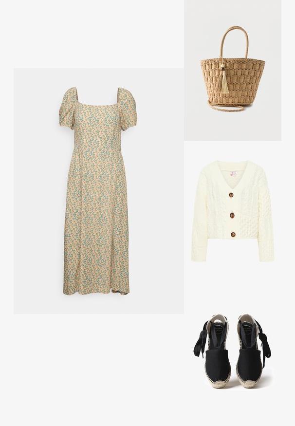 Cárdigan de punto en crema con cuello en V, tres grandes botones marrones y un patrón texturizado con varios diseños de trenzado.; Even&Odd by Zalando Vestido informal - green/pink; Espadrilles de lona negra con suela de yute y bordes trenzados. Cintas del mismo tejido negro para un ajuste ajustable. Diseño de puntera cerrada.; Bolso tote de paja tejido con asas redondeadas, patrón cuadrado y dos borlas colgantes con cuentas de madera sobre un fondo liso.