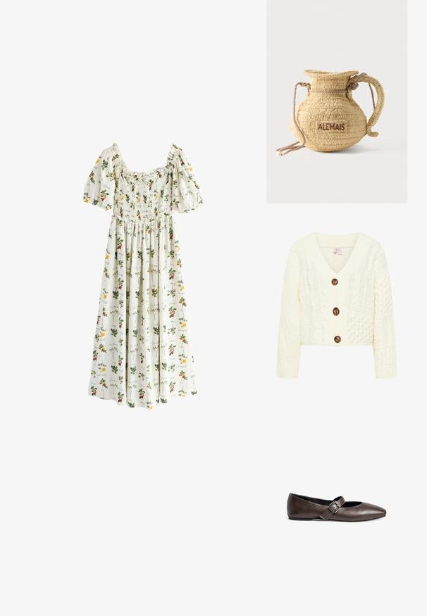 Cremefarvet strikket cardigan med V-udskæring, tre store brune knapper og et struktureret mønster med forskellige kabelstrik design.; Hvid midi kjole med pufærmer, rynket krop og blomsterprint med gule og røde blomster samt grønne blade.; Brune læder flade sko med rund tå og en justerbar spænde rem over midtfoden. Glat tekstur og minimalistisk design.; Rund flettet stråtaske med håndtag af reb og "ALEMAIS" broderet på siden med brunt garn.