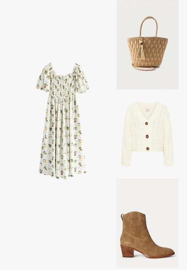 Cremefarbene Strickjacke mit V-Ausschnitt, drei großen braunen Knöpfen und einem strukturierten Muster mit verschiedenen Kabelstrickdesigns.; Weißes Midikleid mit Puffärmeln, gerafftem Oberteil und Blumenmuster mit gelben und roten Blumen sowie grünen Blättern.; Brauner Wildleder-Stiefeletten mit niedrigem gestapeltem Holzabsatz und Zuglasche hinten auf schlichtem hellem Hintergrund.; Geflochtener Strohtote mit abgerundeten Griffen, quadratischem Muster und zwei hängenden Quasten mit Holzperlen vor einfarbigem Hintergrund.