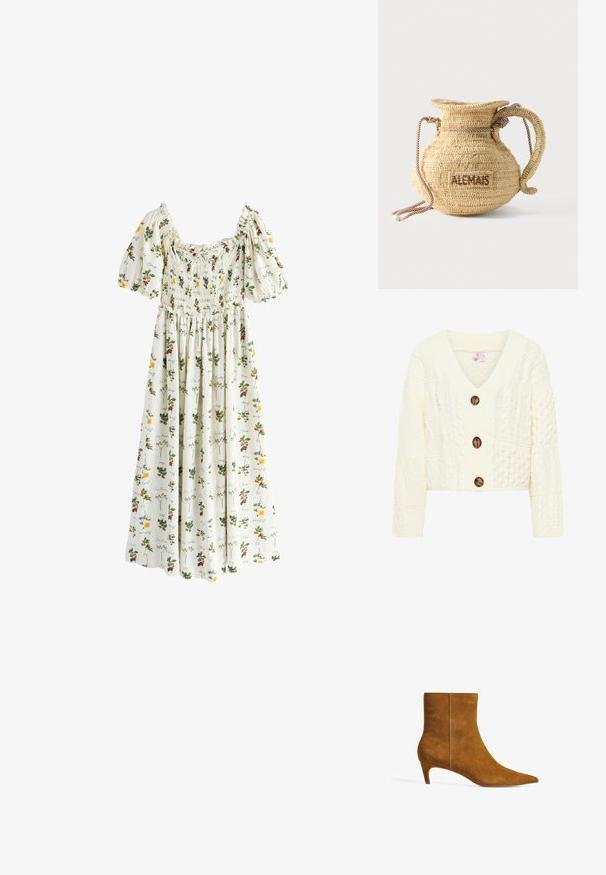 Cremefarvet strikket cardigan med V-udskæring, tre store brune knapper og et struktureret mønster med forskellige kabelstrik design.; Hvid midi kjole med pufærmer, rynket krop og blomsterprint med gule og røde blomster samt grønne blade.; Brune ruskind ankelstøvle med spids tå og en lav kittenhæl. Designet har en glat tekstur og en sømløs overdel.; Rund flettet stråtaske med håndtag af reb og "ALEMAIS" broderet på siden med brunt garn.
