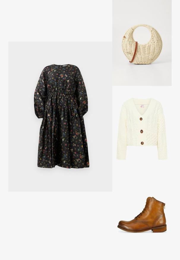 Cremefarvet strikket cardigan med V-udskæring, tre store brune knapper og et struktureret mønster med forskellige kabelstrik design.; Sort blomsterkjole med lange ærmer, indsnævret talje og lagdelt nederdel. Har et farverigt blomsterprint og en glat stoftekstur.; Brun læder ankelstøvle med rund tå, snørebånd foran, lynlås i siden og en lav træhælt. Har et diskret præget logo på hælen.; Rund flettet taske i naturligt strå med en tekstureret overflade. Har en glat brun læderrem og et cirkulært håndtag.