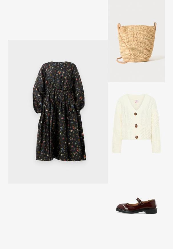Cremefarbene Strickjacke mit V-Ausschnitt, drei großen braunen Knöpfen und einem strukturierten Muster mit verschiedenen Kabelstrickdesigns.; Schwarzes Blumenmusterkleid mit langen Ärmeln, geraffter Taille und gestuftem Rock. Es zeichnet sich durch ein buntes Blumenmuster und eine glatte Stoffstruktur aus.; Bianco BIAADDA MARY JANE LAK - Pumps - burgundy; Gewebte Strohbucket-Tasche mit strukturiertem Muster und Lederriemen, aufrecht stehend vor einem schlichten hellen Hintergrund.