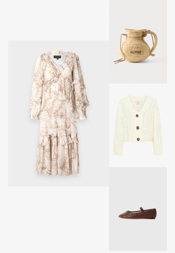 Cremefarvet strikket cardigan med V-udskæring, tre store brune knapper og et struktureret mønster med forskellige kabelstrik design.; Lang, flydende kjole i lys beige med et bladmønster. Har flæsekanter på ærmerne og kanten. Lavet af et let stof.; Brun vævet læderballetsko med rund tå, lille sløjfe som accent og en elastisk rem over anklen for en sikker pasform.; Rund flettet stråtaske med håndtag af reb og "ALEMAIS" broderet på siden med brunt garn.