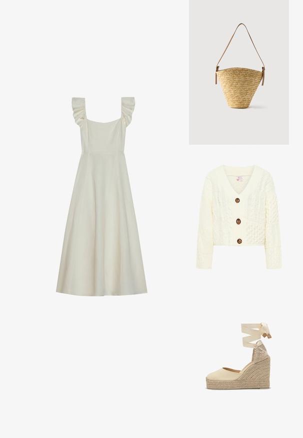 Cárdigan de punto en crema con cuello en V, tres grandes botones marrones y un patrón texturizado con varios diseños de trenzado.; Vestido sin mangas de color crema con escote cuadrado y detalles de volantes en los hombros, que cuenta con un corsé ajustado y una falda acampanada.; Alpargata cuña de lona beige con plataforma de yute trenzado y lazos para atar en el tobillo de tela a juego.; Bolso tipo cubo de paja tejido con base ancha, parte superior estrecha y correa de hombro ajustable de cuero marrón.