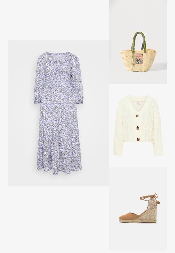 Crème gebreide cardigan met een V-hals, drie grote bruine knopen en een textuurpatroon met verschillende kabelbreipatronen.; Bloemige jurk met een lila basis, met witte en gele bloemen. Lange mouwen, geplooide halslijn en gelaagde zoom. Lichtgewicht stof.; Tan nubuckle wedge sandaal met een jute touwzool, open teen ontwerp en een gevlochten gaasrug met een striksluiting en decoratieve accenten.; Geweven beige strooien tas met gevlochten groene en zwarte handvatten en een kleurrijke rechthoekige patch aan de voorkant.