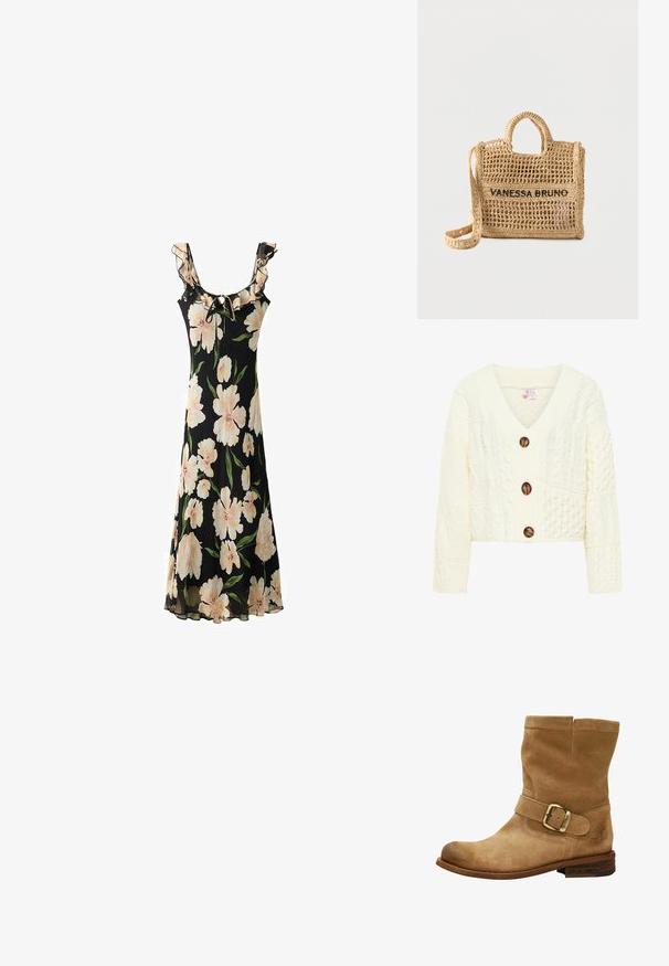 Cremefarvet strikket cardigan med V-udskæring, tre store brune knapper og et struktureret mønster med forskellige kabelstrik design.; Sort blomsterkjole med store lyserøde blomster, flæsekant ved halsudskæringen, justerbart bånd og et flydende, gennemsigtigt stofdesign.; Tan ruskinds ankelstøvle med en bred rem og en metalspænde samt en tekstureret sål. Rund tå og lav hæl med en enkel logo-detalje.; Vævet beige håndtaske med to håndtag, lang rem, åben vævning og "VANESSA BRUNO" broderet i sort på forsiden.