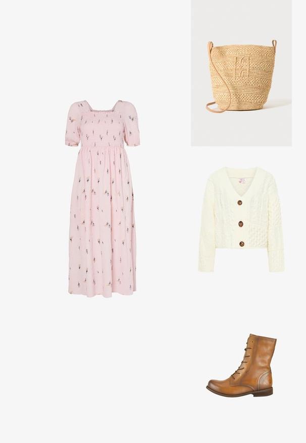 Crème gebreide cardigan met een V-hals, drie grote bruine knopen en een textuurpatroon met verschillende kabelbreipatronen.; Roze katoenen maxijurk met korte pofmouwen, gerimpelde buste, gebloemd borduursel en een vloeiende rok.; Bruine leren enkellaarzen met een gladde textuur, ronde neus, zes veterogen en een subtiele ingedrukte logo op de hak.; Gevlochten strooien bucket bag met een gestructureerd patroon en leren riem, rechtopstaand weergegeven op een egale lichte achtergrond.