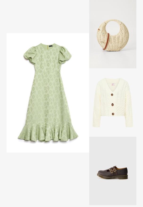 Cremefarvet strikket cardigan med V-udskæring, tre store brune knapper og et struktureret mønster med forskellige kabelstrik design.; Lysegrøn kjole med puffærmer, blomsterstruktureret stof og en flared ruffled bund. Har en lynlås i ryggen til lukning.; Mørkebrun lædersko med dobbelte spænder, perforeret tådesign og tyk, gennemsigtig sål med gul syning.; Rund flettet taske i naturligt strå med en tekstureret overflade. Har en glat brun læderrem og et cirkulært håndtag.