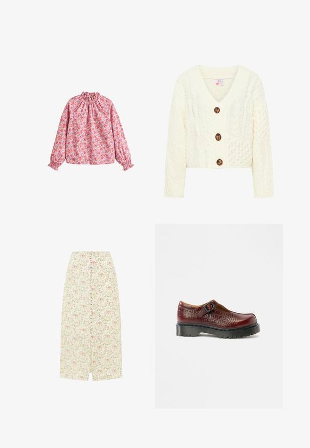 Cremefarvet strikket cardigan med V-udskæring, tre store brune knapper og et struktureret mønster med forskellige kabelstrik design.; Blomsterbluse med en sammensnøret halsudskæring og manchetter, med en pink baggrund og røde samt lilla blomster, lavet af letvægtsstof.; Lys cremefarvet midi nederdel med lyserødt og gult blomsterprint, knapper foran og et lille frontslids.; Bordeaux-rødt læder Mary Jane-sko med spænde, tekstureret krokodillemønster og en kraftig sort gummisål, med rundet tådesign.