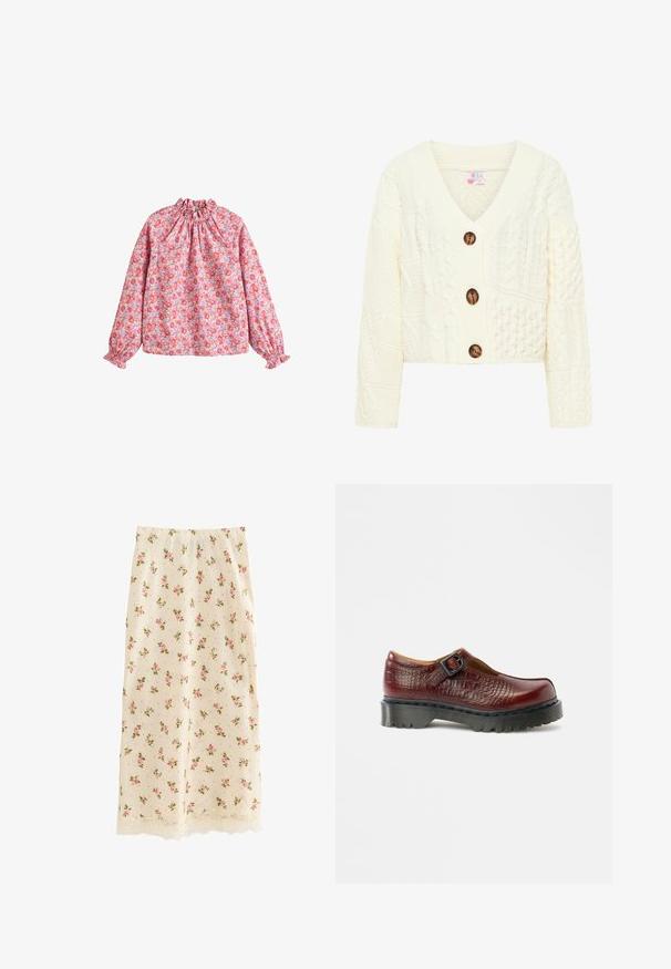 Cremefarvet strikket cardigan med V-udskæring, tre store brune knapper og et struktureret mønster med forskellige kabelstrik design.; Blomsterbluse med en sammensnøret halsudskæring og manchetter, med en pink baggrund og røde samt lilla blomster, lavet af letvægtsstof.; Middellang nederdel i cremefarve med mønster af pink roser og blonder langs kanten, lige pasform og glat tekstur.; Bordeaux-rødt læder Mary Jane-sko med spænde, tekstureret krokodillemønster og en kraftig sort gummisål, med rundet tådesign.
