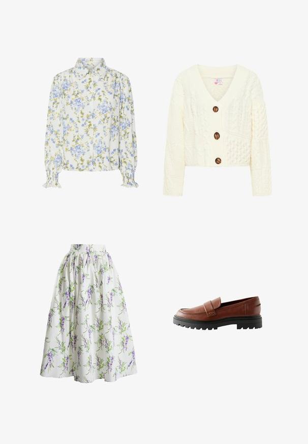 Crème gebreide cardigan met een V-hals, drie grote bruine knopen en een textuurpatroon met verschillende kabelbreipatronen.; Bloemige blouse met een witte basis, voorzien van blauwe en groene bloemen. Met kraag, knoopsluiting aan de voorkant en gerimpelde mouwen. Lange mouwen.; True Decadence MADISYN CO-ORD FLORAL MIDI SKATER - A-lijn rok - lilac bouquet floral; Bruine leren loafers met een verhoogde neus, decoratieve band en een geprofileerde zwarte rubberen zool met opvallend profiel.