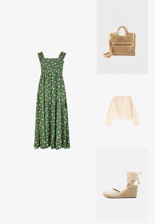 Kremfarvet langærmet hæklecardigan med blomsterprint, rund halsudskæring og bølgede kanter, vist på hvid baggrund.; Grøn maxi kjole med smocket bodice, voluminøse stropper og et blomstermønster med lyserøde blomster. Inkluderer et flerlagsskørt design.; Beige espadrille kile med overdel i kanvas, åben tå og bløde båndsnore. Teksturiseret jutekile med et fletmønster.; Vævet beige håndtaske med to håndtag, lang rem, åben vævning og "VANESSA BRUNO" broderet i sort på forsiden.