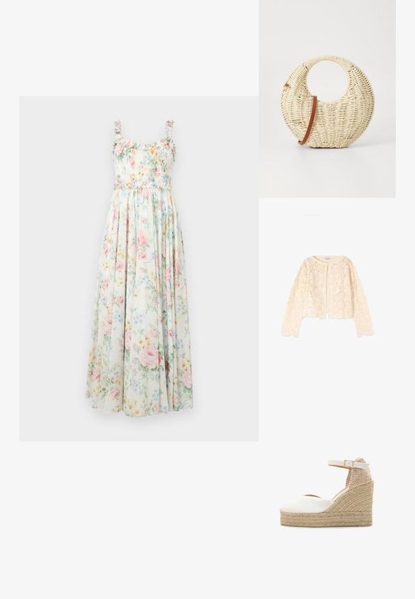 Kremfarvet langærmet hæklecardigan med blomsterprint, rund halsudskæring og bølgede kanter, vist på hvid baggrund.; Blomstrete maxikjole med smocket liv, frynset skulderstropper og pastellroser og blå blomstermønstre på en lys baggrund.; Hvid kilehæl sandal med lærred, flettet jute platform, ankelrem med guldlås og tekstureret beige hælkappe.; Rund flettet taske i naturligt strå med en tekstureret overflade. Har en glat brun læderrem og et cirkulært håndtag.