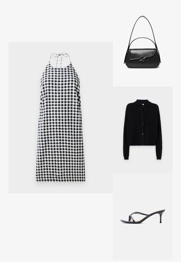 Sort strikjakke med rund hals, frontknaplukning og lange ærmer. Struktureret stof med cropped kant.; Halterneck kjole i sort og hvid ternet mønster, med en afslappet pasform og bånd bag på nakken. Letvægtsstof.; Sort laklædersandal med hæl, tynde krydsede remme og en slank mellemhøj stilethæl på en hvid baggrund.; Sort skuldertaske i læder med en buet klap, der er fastgjort med en rund metal spænde, og en slank, justerbar rem.