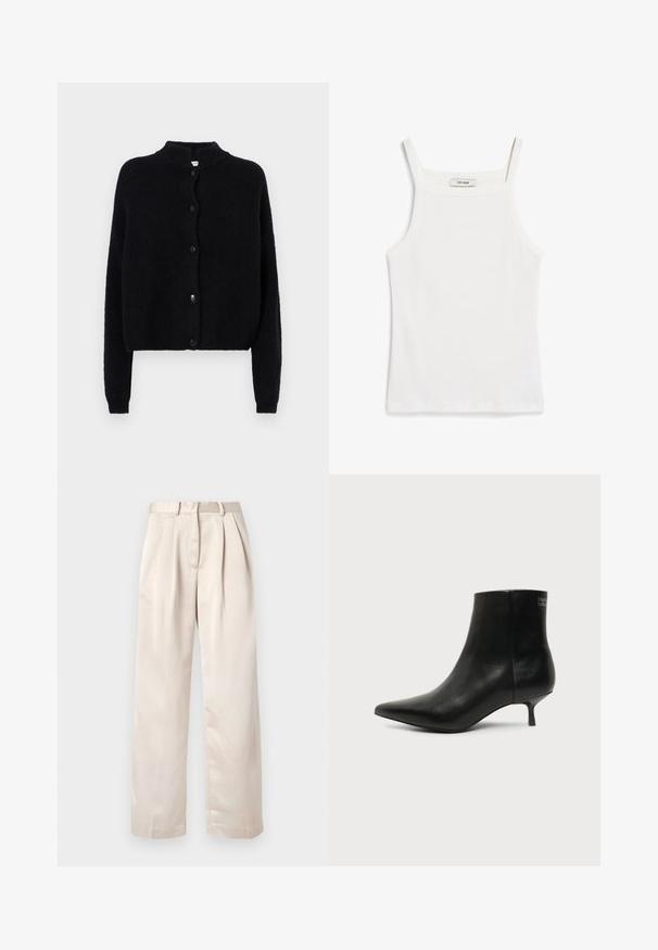 Cardigan noir en tricot avec un col rond, fermeture à boutons sur le devant et manches longues. Tissu texturé avec un bas court.; Débardeur blanc à fines bretelles, en tissu de coton côtelé, avec un décolleté droit et une finition soignée à l'ourlet.; Pantalon beige plissé avec une coupe droite, fabriqué en tissu lisse et léger ; doté d'une ceinture avec passants.; Bottine en cuir noir avec bout pointu et petit talon kitten sur fond clair, vue côté extérieur.
