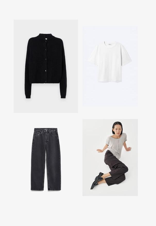 Zwart gebreid vest met een ronde hals, knoopsluiting aan de voorkant en lange mouwen. Geverweven stof met een cropped zoom.; Witte T-shirt met korte mouwen en een ronde hals met rechte zoom, met een "WEEKDAY" merklabel aan de binnenkant van de hals.; Zwarte denim jeans met een rechte pasvorm, voorzien van voorzakken, een knopenfly en subtiele vervaging op de stof.; Lichtgrijze top met korte mouwen, donkere wijde broekspijpen en zwarte loafers. Soepele stof, ontspannen pasvorm en contrasterende bies op het shirt.