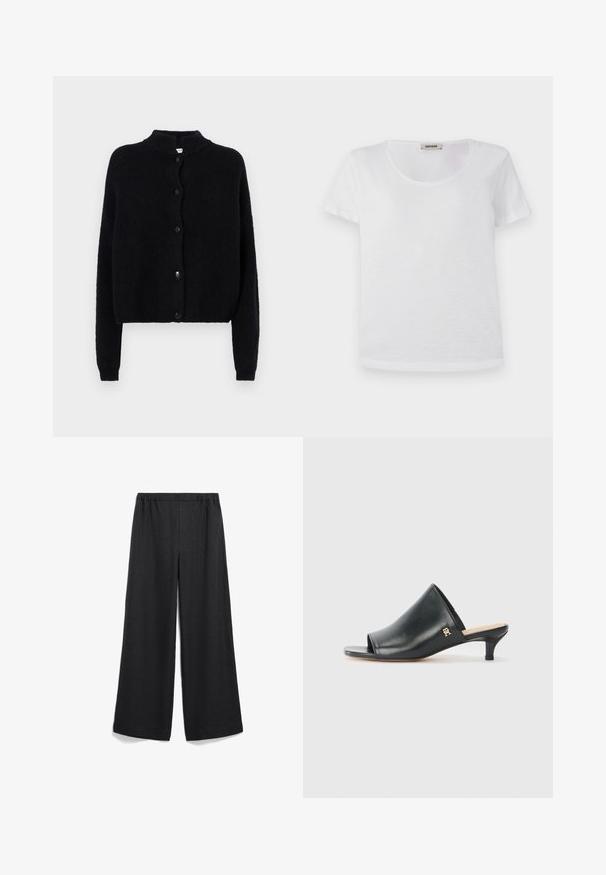 Zwart gebreid vest met een ronde hals, knoopsluiting aan de voorkant en lange mouwen. Geverweven stof met een cropped zoom.; Witte t-shirt met korte mouwen, gemaakt van zachte stof, met een ronde halslijn en een rechte zoom zonder zichtbare patronen of accenten.; Ruime zwarte broek met een elastische tailleband. Gemaakt van lichte stof, met een zachte textuur en zonder zichtbare patronen of accenten.; Zwarte leren open teen muiltjes met een lage hak. Heeft een glad oppervlak en een gouden logo accent aan de zijkant.