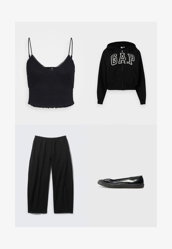 Sort cropped lynlås-hættetrøje med snore, forlommer og stort hvidt GAP-logo på tværs af brystet.; Sort crop-top med justerbare spaghetti-stropper, med tekstureret blonder og en bølget kant.; Løse sorte bukser med elastisk taljebånd og lige, vide ben, vist fladt mod en lys baggrund.; Converse CHUCK TAYLOR ALL STAR DAINTY - Sneakers - egret/black