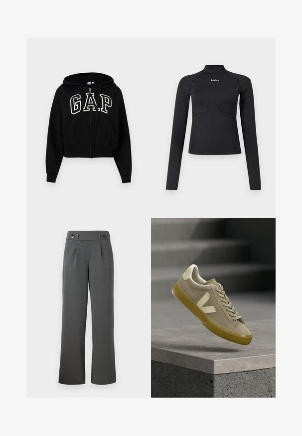 Zwarte cropped zip-up hoodie met trekkoorden, voorzakken en groot wit GAP-logo op de borst.; Zwarte aangesloten longsleeve top met een opstaande kraag en het witte "LeGer" logo gecentreerd op de borst tegen een witte achtergrond.; Grijze wijde broek gemaakt van textuurstof, met een hoge taille, plooien aan de voorkant en twee knopen op de tailleband.; Lichtbeige suède sneaker met crème logo en veters, mosterdgele zool, zwevend weergegeven boven een betonnen oppervlak met vervaagde grijze trappen op de achtergrond.