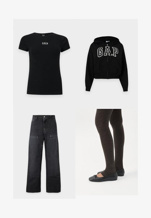 Sweat à capuche noir court avec fermeture éclair, cordons de serrage, poches avant et grand logo GAP blanc sur la poitrine.; T-shirt noir ajusté à manches courtes avec le texte blanc "GAP" centré sur la poitrine et un col rond.; Pantalon noir ample avec grandes pièces renforcées à l'avant, passants pour ceinture, fermeture par boutons et poches latérales sur un fond clair uni.; Jambes portant des leggings côtelés foncés associés à des ballerines noires avec de petits détails en nœud sur fond blanc.