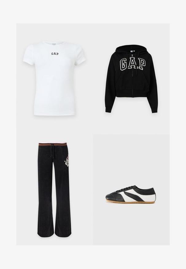 Μαύρο cropped φούτερ με φερμουάρ, κορδόνια, μπροστινές τσέπες και μεγάλο λευκό λογότυπο GAP στο στήθος.; Λευκό ριμπ κοντομάνικο μπλουζάκι με μαύρο λογότυπο "GAP" στο κέντρο κάτω από το λαιμό στο μπροστινό μέρος.; Μαύρο παντελόνι με φαρδιά μπατζάκια, καφέ και ροζ ριγέ ζώνη, κορδόνι και λευκή κεντητή ανθοδέσμη στο δεξί ισχίο.; Αθλητικό παπούτσι σε ασπρόμαυρο χρώμα με καμπυλωτό σχεδιασμό, κατασκευασμένο από δέρμα, με υφή στη μαύρη μετώπη και σόλα από καουτσούκ σε χρώμα καραμέλας. Κλείνει με κορδόνια.