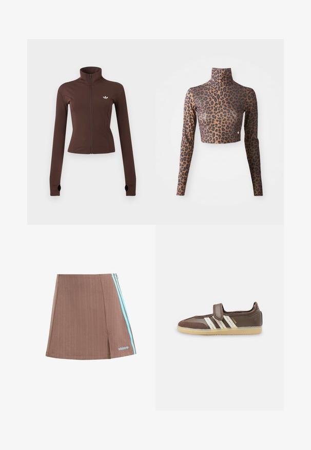 Brun lynlåsjakke med høj krave, lange ærmer med tommelfingerhuller og lille hvid Adidas-logo på venstre bryst.; Langærmet cropped top med leopardprint i brune og sorte farver, med høj hals og glat, sleek tekstur. Diskret logo-detalje ved kanten.; Brun plisseret skort med blå sidelister og logo. Har et rent design, subtil tekstur og en lige kant.; Brun sneaker med beige gummisål, tre hvide striber på siden og en enkelt velcrolukning over vristen.