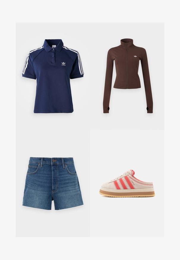 Brun lynlåsjakke med høj krave, lange ærmer med tommelfingerhuller og lille hvid Adidas-logo på venstre bryst.; Marineblåt poloshirt lavet af en bomuldsblanding med krave, tre knapper og hvide striber langs skuldrene; har et broderet logo.; Denim shorts i mellemblå, med høj talje, fire lommer og syet detaljer. Glat tekstur med en klassisk pasform.; Beige ruskindssneaker med røde vandrette striber, rund snude og en tyk hvid sål. Øjentråde og detaljer i rødt med en tekstureret finish.