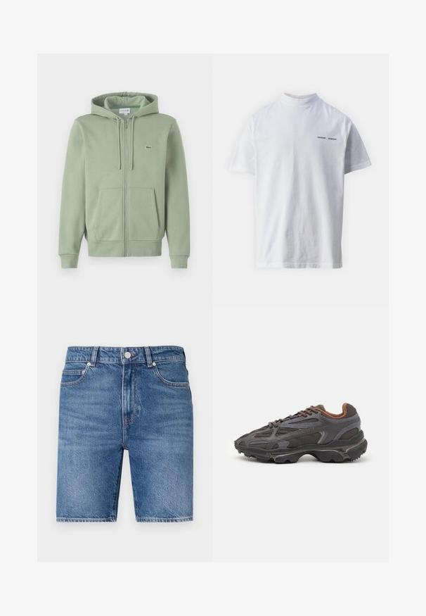 Sudadera con cremallera de color verde claro, hecha de tejido suave. Presenta una capucha con cordones, bolsillos tipo canguro y un pequeño logo en el pecho.; Camisa de algodón blanca con un cuello alto y mangas cortas. Presenta el logo "SAMSØE SAMSØE" en negro en la parte delantera. Textura suave.; Shorts de mezclilla en un lavado azul medio con un corte recto, diseño de cinco bolsillos y cierre con botón en la parte superior. Presentan costuras en contraste.; Zapatillas Lacoste en gris oscuro con material de malla y sintético, que cuentan con una suela texturizada y detalles en marrón en el cuello y la marca.