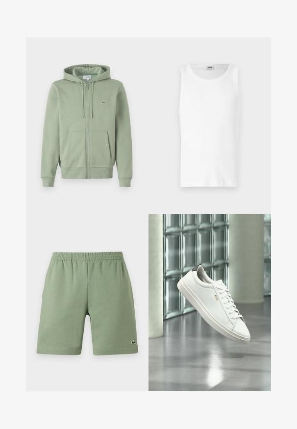 Lichtgroene rits hoodie gemaakt van zachte stof. Bevat een capuchon met trekkoord, marsupiao pockets en een klein logo op de borst.; Witte katoenen mouwloze tanktop met een ronde halslijn en een gladde textuur. Eenvoudig ontwerp, geen patronen of accenten.; Groene katoenen shorts met een elastische tailleband, ontspannen pasvorm en een klein geborduurd logo aan de onderkant aan de linkerzijde. Gladde textuur, geen zakken.; Witte leren lage sneaker met veters, zwarte hielstrook en "BOSS"-logo, zwevend binnenshuis bij een glazen stenen muur en gepolijste vloer.