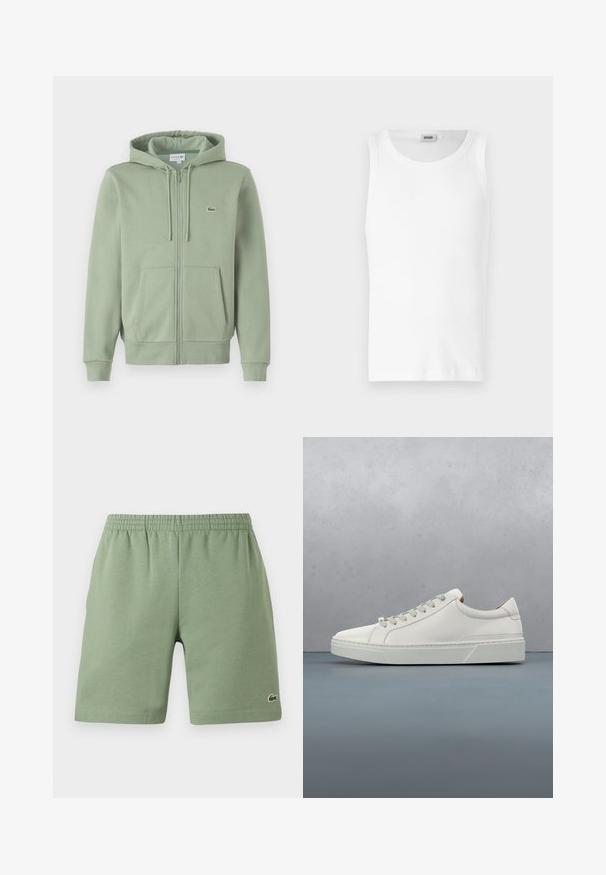 Hellgrünes Reißverschluss-Hoodie aus weichem Material. Verfügt über eine Kordelzugkapuze, Kängurutaschen und ein kleines Logo auf der Brust.; Weißes Baumwoll-Tanktop ohne Ärmel mit Rundhalsausschnitt und glatter Textur. Einfaches Design, ohne Muster oder Akzente.; Grüne Baumwollshorts mit elastischem Bund, lässiger Passform und kleinem gesticktem Logo auf der unteren linken Seite. Glatte Textur, keine Taschen.; Weißes Leder-Sneaker mit abgerundetem Zehenbereich, minimalistisches Design, graue Schnürsenkel und einer strukturierten grauen Gummisohle. Dezente Nähte sichtbar.